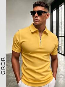 GRDR 男士夏季 Polo 领半拉链短袖 T 恤，适合户外、度假和休闲穿着 - 黃色 - 查看 6
