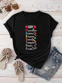 Camiseta para el Día de la Madre con Monograma Creativo Estampado, Casual para Mujer, Vacaciones, Manga Corta y Cuello Redondo, Primavera y Verano, Lavable a Máquina, Ropa Nueva de Mujer, - Negro - Ver 2