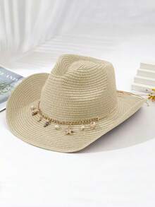 1pc Women's Fashion Straw Hat, Outdoor Beach Sun Hat, Wide Brim Spring/Summer British Style Cowboy Hat, Starfish Decor Sun Beach Hat, Foldable Panama Hat, Suitable For Daily Use Outdoor Gift - A - View 6