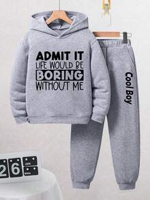 Boys' Letter Print Warm Hoodie And Sweatpants - Grey - View 1