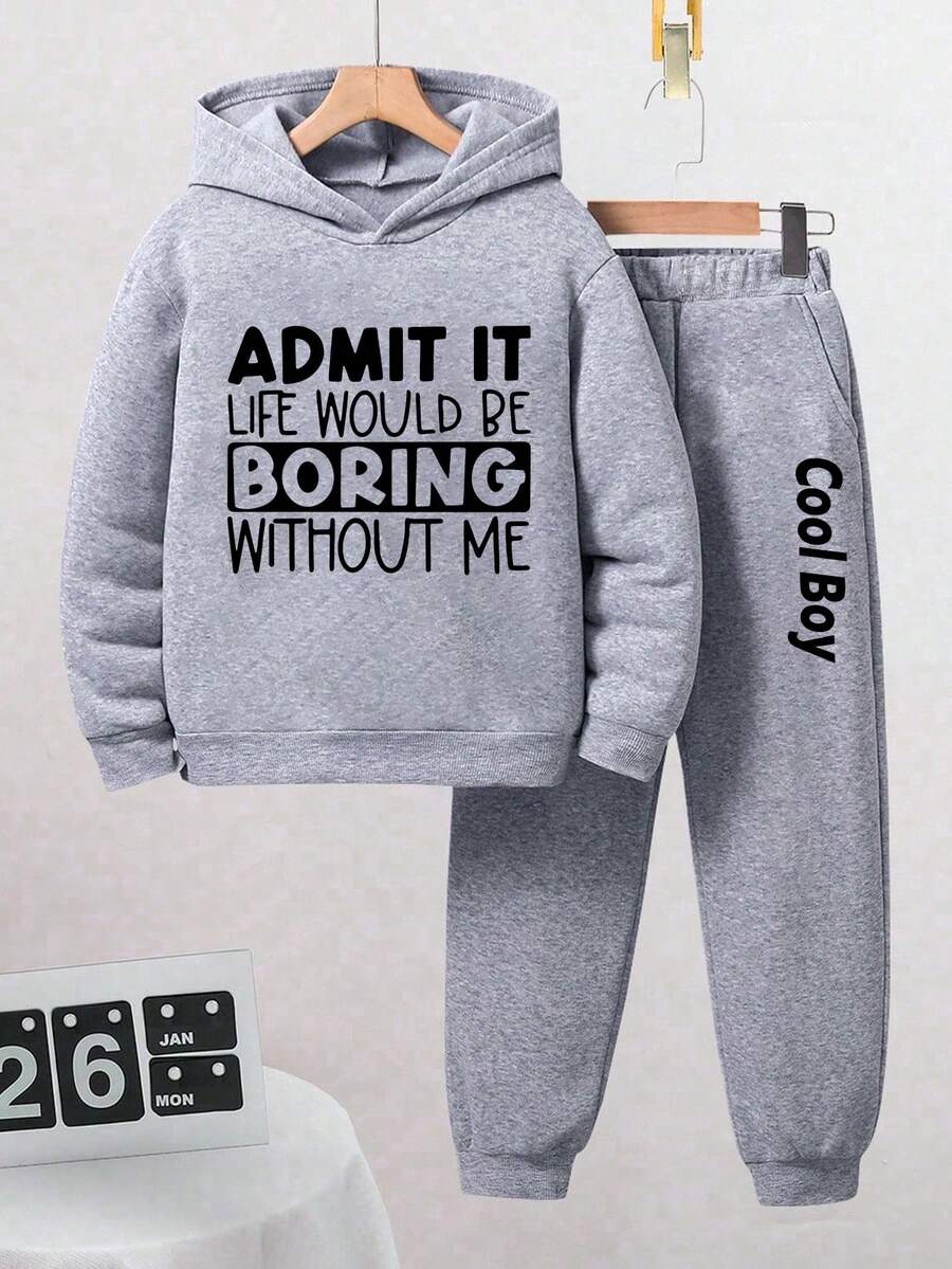 Boys' Letter Print Warm Hoodie And Sweatpants - Grey - View 1