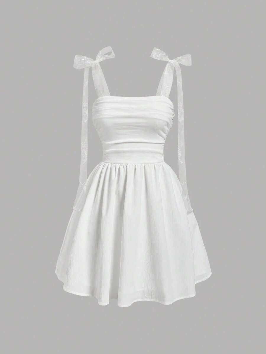 MOD Vestido de verano romántico para mujer con tira de malla blanca y plisado - Blanco - Ver 1