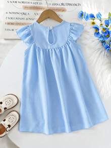 Gaun Pesta Musim Panas Anak Perempuan yang Sederhana, Elegan, Modis, Berkerah Bulat, Lengan Bergelombang, Warna Biru Polos, Motif Bunga 3D - Baby Blue - View 3