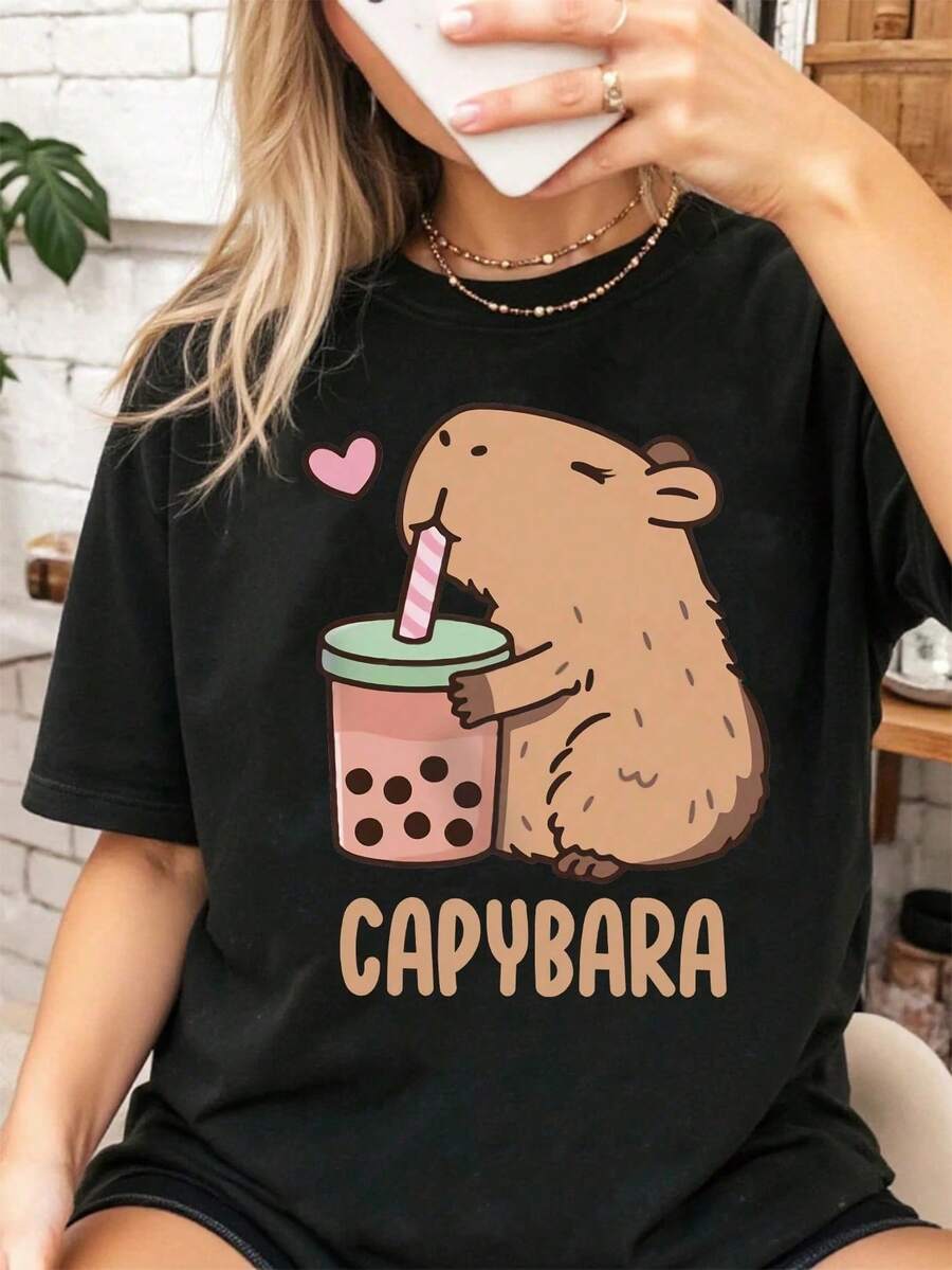 Women's Casual, Creative And Cute Capybara Graphic Pattern T-Shirt, Short-Sleeved, Basic And Stylish - 黑色 - 查看 1