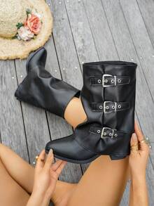 Women's Autumn/Winter Fashion Comfortable Slip-On Ankle Boots, Chunky Heel With Buckle Design, Plus Size Easy-On, Minimalist Versatile - Black - View 4