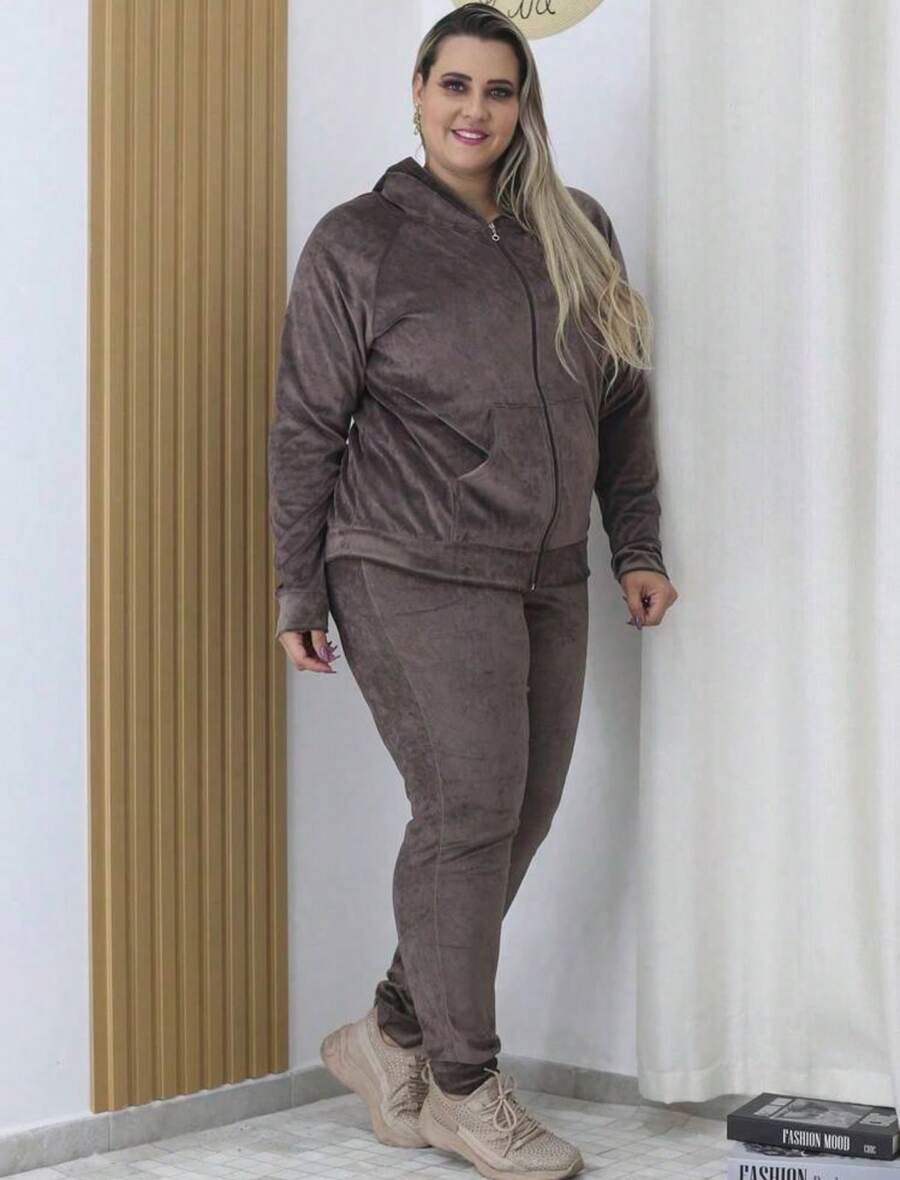 Pietra Plus Size Fleece Set, Autumn/Winter Collection, Women's Fashion, Super Versatile - Óxido marrón - Ver 1