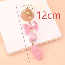 1pc Women's Flocked Cartoon Pink Bear Keychain Bow Plaid Square Pendant Accessory Cute Adorable Earphone Bag Key Charm - Pink - View 2