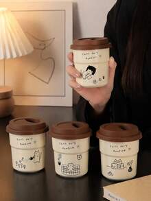 1 件卡通猫陶瓷咖啡杯，带硅胶盖的办公室拿铁杯，防漏，适合办公室和家庭使用，可微波炉加热，是返校最佳生日礼物 - 單杯+矽膠蓋(防漏) - 查看 11