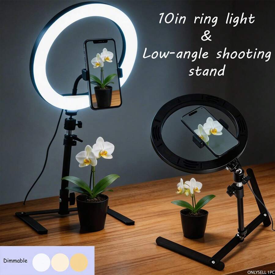 Borriig 10-Inch Dimmable Ring Light & Low Angle Shooting Tripod With Phone Holder, Suitable For Live Streaming And Photography - 10-inch Ring Light + Overhead Shooting Stand - View 1