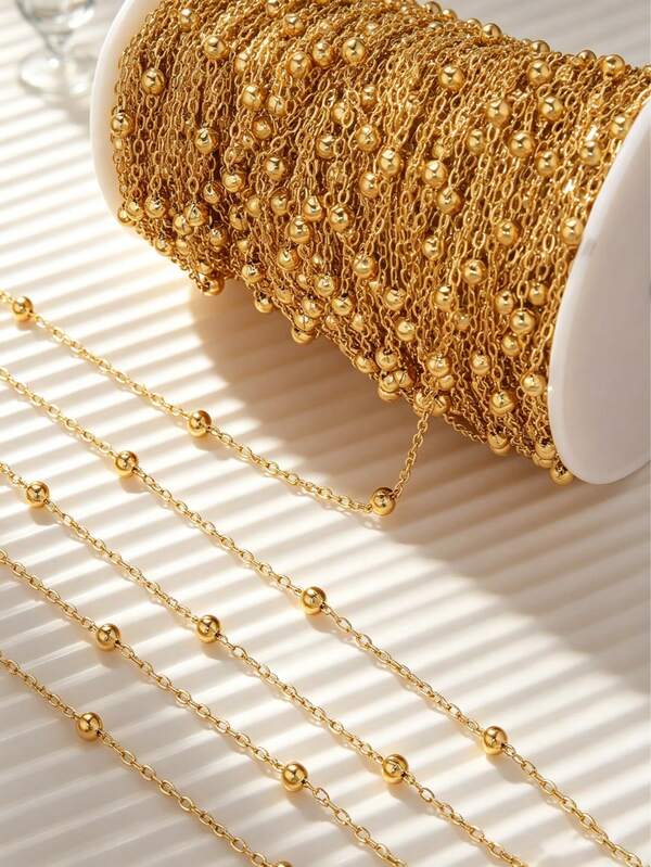 2M 18K Gold Plated Stainless Steel Beaded Cable Chain, Ball Station Chain For DIY Bracelet Necklace Jewelry Making Supplies