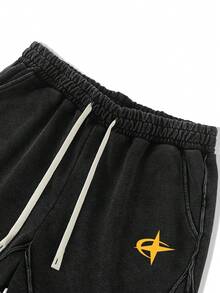 Men's Washed Black Snow-Wash Fabric Drawstring Waist Fashion Casual Shorts, Minimalist Print, Suitable For Daily Wear - Black - View 4