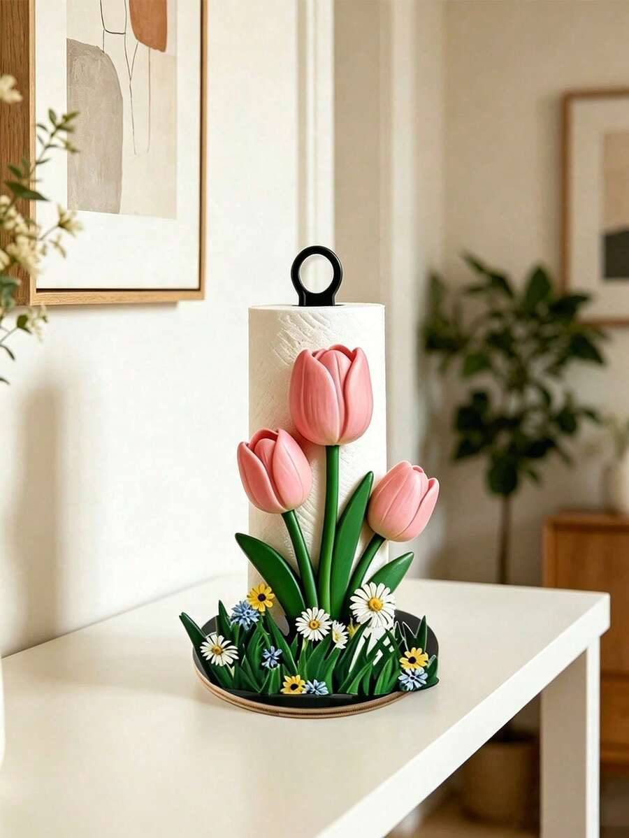 1PC 2D Acrylic Tulip Kitchen Towel Rack, Elegant Tulip Shape Desktop Tissue Dispenser Storage Holder, Cute Holiday Gift, Towel And Fabric Not Included - Multicolor - View 1