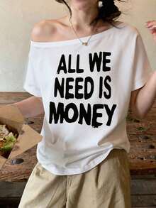 時尚女款露肩短袖T恤，印有「We Only Need Money」標語，高彈力面料，打造秋季造型 - 白色 - 查看 3
