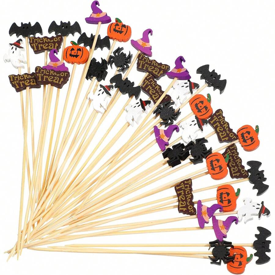 Halloween Toothpicks, Cake Decorations, Suitable For Appetizers, Cocktail Garnishes, Pumpkin, Spider Hat, Ghost Letter Shapes, Bamboo Appetizer Toothpicks, Also For Cake And Food Decoration - Multicolor - View 1