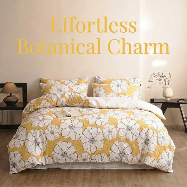 [1pc Duvet Cover] Floral Style Bubble Gauze Duvet Cover, Made Of High-Quality Bubble Gauze Fabric, Lightweight, Soft And Breathable, Suitable For All Seasons, This Bedding Set Is Designed For Comfort And Style, With A Soft And Fluffy Bubble Texture That Adds A Subtle Tactile Dimension, And Paired With A Soft Floral Print Style To Add Color To Your Bedroom Hidden Zipper Closure, Machine Washable, Easy Care, Multiple Sizes Available.