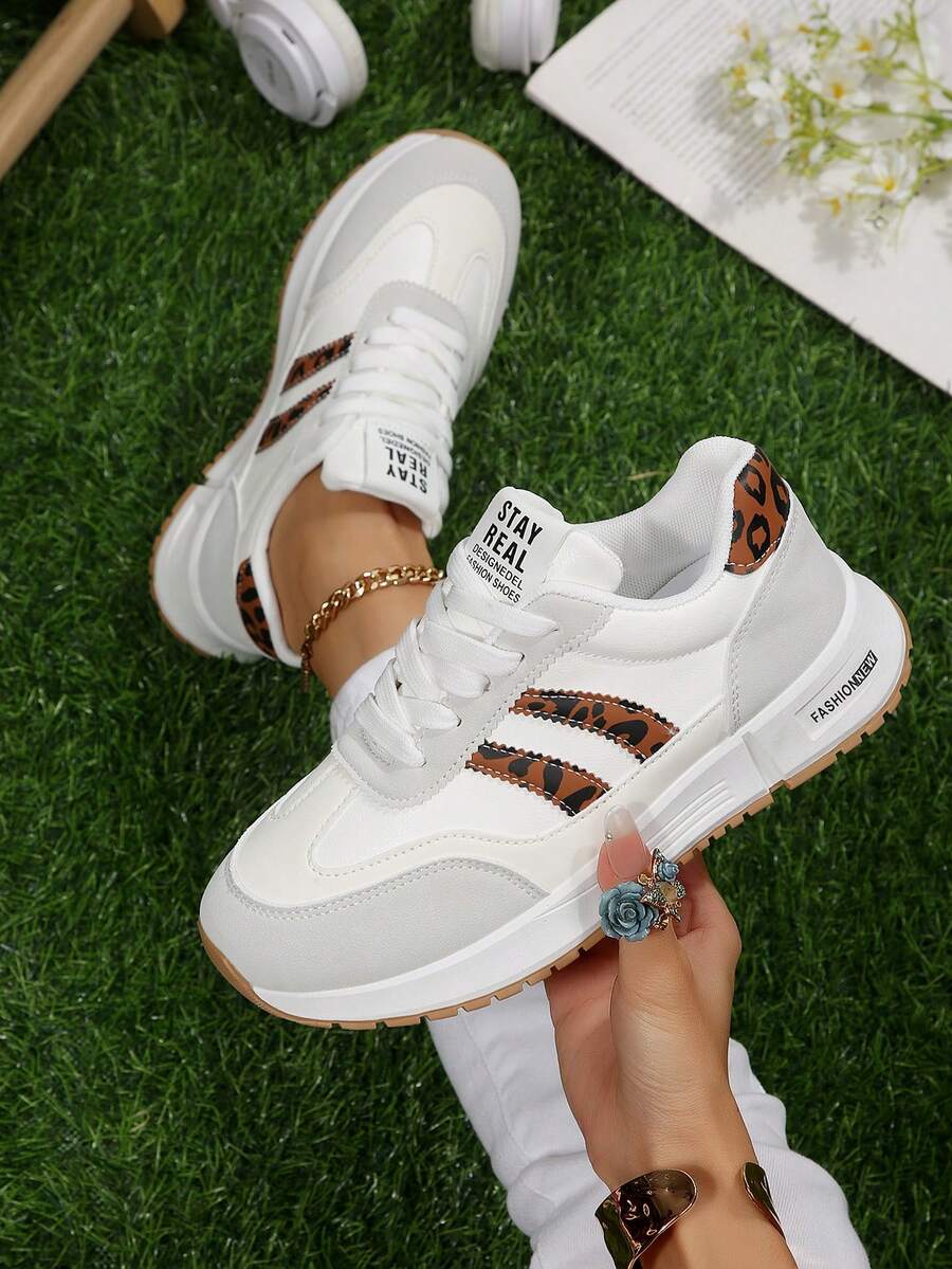 Leopard Print Panel Lace-Up Sneakers, Brown & White Colorblock Casual Sport Shoes - White - View 1