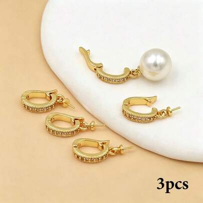 3pcs Copper Plated 18K Gold High Color Retention Zirconia Micro-Inlaid Universal Clasp With Anti-Oxidation Storage Bag, For D-Shaped Sheep Eye Pendant Pearl Necklace, Bracelet Connector Clasp