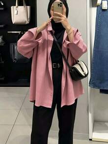 女款極簡休閒純色鈕扣長袖襯衫領上衣，優雅風格，適合春、秋、冬三季 - 西瓜粉 - 查看 8