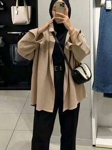女款簡約休閒純色鈕扣長袖襯衫領優雅上衣，適合春、秋、冬季 - 卡其色 - 查看 7