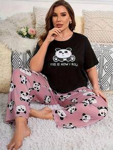 Plus Size Casual Comfortable Cartoon Print Short Sleeve Pink Print Long Pants Women's Loungewear 2 Pieces Pajama Set - Black - View 4