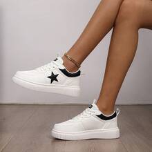 Unisex Star Pattern White Casual Sneakers, Breathable Thick Sole Flat Shoes, Ultra-Lightweight Casual Shoes, Versatile Daily Footwear - Black - View 2