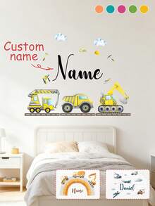 Customized Construction Vehicle Cartoon Wall Sticker, Personalized Text Wall Sticker, Customized Name Self-Adhesive Painting, Customizable Birthday Gift - Style C - View 1