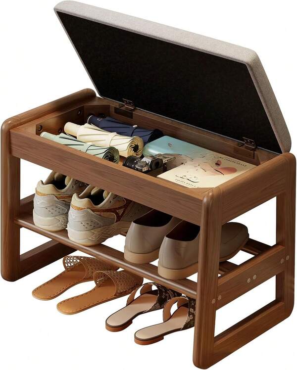 2 Tier Solid Rubberwood Entryway Shoe Bench With Flip Top Hidden Storage Walnut Upholstered Cushioned Seat Compact A Shaped Wooden Shoe Rack Organizer For Hallway