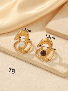 2pcs Women's 18K Gold Plated Stainless Steel Open Adjustable Wrap Rings, Intertwined Twisted Metal Design With Round Natural Shell And Tiger Eye Stone Inlaid, Vintage Daily Party Fashion Jewelry - Yellow Gold - View 4