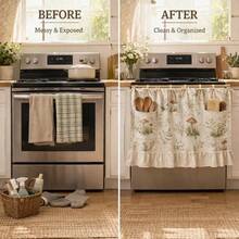 Oven Skirt Curtain With Pockets, Handmade Modern Farmhouse Kitchen Decor, Ruffled Trim & Ribbon Ties Tabs, Dust Cover Hide Clutter For Oven Range, Dishwasher, Washing Machine - Two-pocket Style - View 5