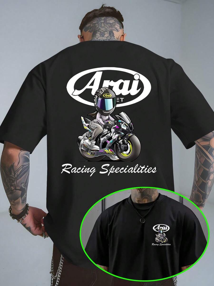 تي شيرت رجالي أراي لسباق الدراجات النارية برسومات - تي شيرت أسود كاجوال بأكمام قصيرة مع تصميم راكب كرتوني وشعار، ملابس شارع صيفية قابلة للتنفس، قابل للغسيل في الغسالة - أسود - مشاهدة 1