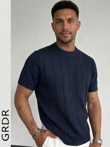 GRDR Men's Thin Summer Knit Solid Color Ribbed Short Sleeve, Sports Casual, Suitable For Outdoor Sports - Navy Blue - View 3