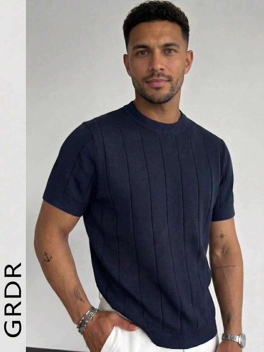 GRDR Herren dünnes Sommer Strickshirt in Unifarbe mit Rippenmuster und kurzen Ärmeln, sportlich lässig, geeignet für Outdoor-Sport