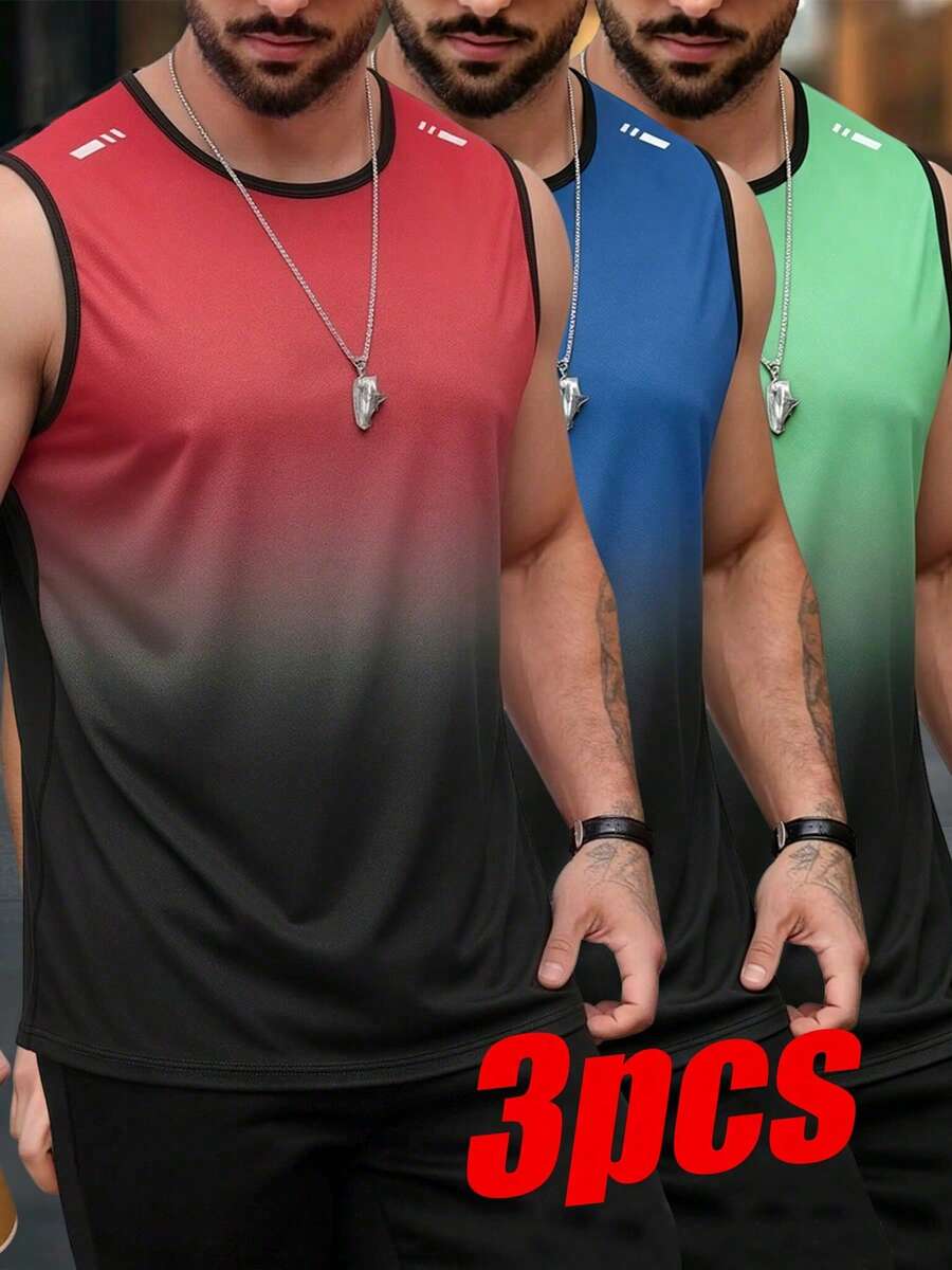 3 buah Tank Top Kasual Olahraga Musim Panas Pria, Cepat Kering - MultiWarna - View 1
