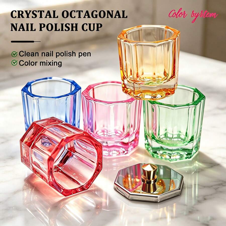 Colored Octagonal Crystal Nail Polish Cup With Lid, A Liquid Container For Cleaning Brushes And Mixing Colors In Nail Art. - Multicolor - View 1