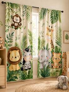 2 buah Tirai Motif Hewan Hutan Utama, Elemen Singa, Gajah, Harimau, Jerapah, Zebra, Model Kantong Batang, Cocok untuk Dekorasi Kamar Tidur dan Ruang Tamu, Tirai Dekoratif. - MultiWarna - View 14