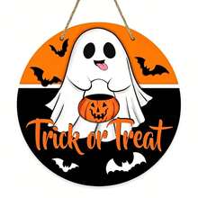 萬聖節 Trick Or Treat 木製圓形門牌，可愛幽靈搭配南瓜與蝙蝠掛飾，橘黑配色恐怖風門前門廊居家萬聖節派對裝飾牌 - A - 查看 12
