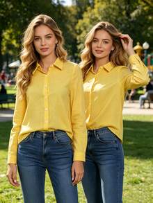Women's Cotton Linen Blouse With Long Sleeves, Plus Size - Yellow 1 - View 3