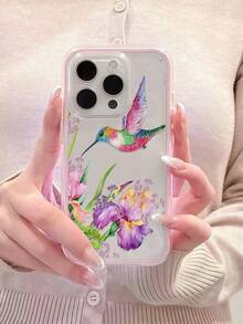 1pc Creative Floral Colorful Hummingbird Pattern Phone Case, Contrast Color 2-In-1 TPU Anti-Drop Soft Shell Protective Cover Compatible With Apple 11/12/13/14/14plus/15/15plus/16/16plus/17/17pro And Other Models - Multicolor - View 4