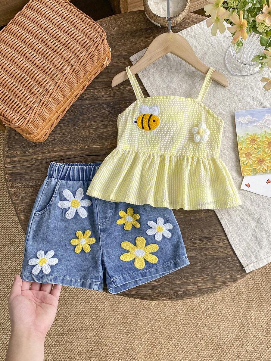 2pcs/Set Young Girl' Cute Minimalist 3D Flower & Bee Decor Camisole And Denim Shorts Set, Summer - Yellow - View 1