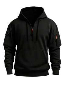 Sweatshirt berkerudung setengah resleting pria dengan tudung bertali, saku lengan berresleting, dan desain saku kanguru, cocok untuk berkemah, mendaki, dan berbagai aktivitas rekreasi luar ruangan. - Hitam - View 4