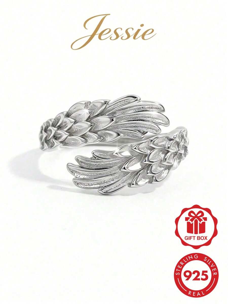 1pc Elegant Chic Shiny Minimalist Fashion 925 Silver Wing Embrace Adjustable Open Design Ring, Ideal Gift For Women, Suitable For Dating, Party, And Daily Wear - Silver - View 1