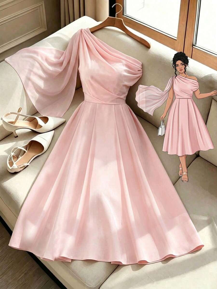 Vestido de mujer talla grande de verano de unicolor con hombro asimétrico y cinta en la cintura, adecuado para mercado de arte, concierto al aire libre, vestido de noche formal - Rosa - Ver 1