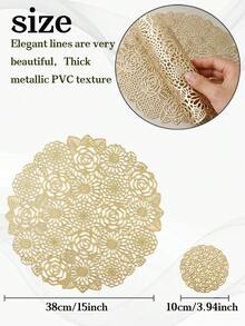 12个金色花朵圆形餐垫，直径15英寸；PVC材质，直径3.94英寸圆形镂空玫瑰杯垫；可水洗，易清洁，可擦拭，防滑，耐热；适用于房间装饰、餐桌装饰、家居装饰；适合节日、派对、生日、婚礼和晚宴等场合。 - 彩色 - 查看 4