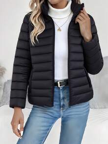 Women's Spring Slim-Fit Warm Solid Color Jacket - Elegant, Made Of Padded Polyester Fiber Material - Short Jacket Black - Black - View 3