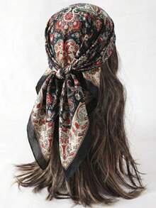 1pc Floral Paisley Print 90cm Silk Square Scarf For Women, Lightweight Hair Accessory, Neck Decor, Scarf, Headscarf, Breathable Shawl, Fashionable Packaging Accessory, Perfect For Spring/Summer Outfits, All-Season Sun Protection Accessory, Ideal For Office, Travel, And Gifts - Black Background With Paisley Pattern - View 3