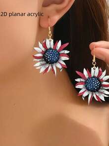 1 Pair 2D Flat American Flag Red White Blue Striped Acrylic Earrings - Vintage Patriotic Floral Design, Suitable For July 4th Independence Day Gift, All Season Wear And Party Parade Daily Outfit Accessory (No Feather Decoration), 2D Flat Style - Multicolor - View 2