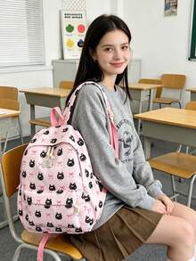 1pc Cute Cartoon Cat/Bow Pattern Nylon Backpack, Lightweight Large Capacity School Day Bag, Adjustable Shoulder Strap Bookbag, Suitable For Girls/Teenagers/Students/Graduates, Perfect For Daily Use, Outings, Travel, School And Back To School Season. - Pink - View 5