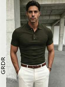 GRDR 男士休闲纯色短袖 Polo 衫，夏季 - 軍綠色 - 查看 2