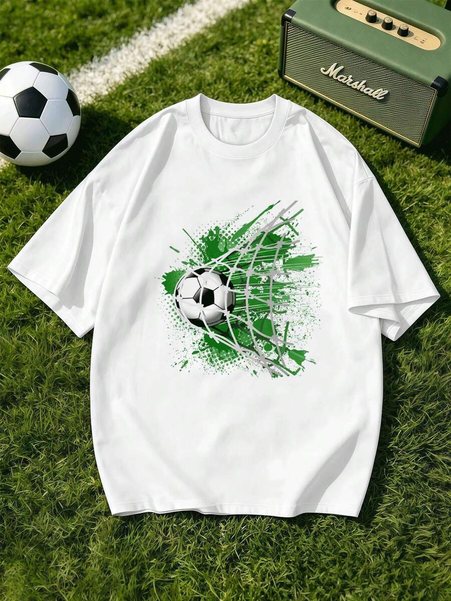 Herren-Fu?Ball-T -SHIRT Mit Grafikprint, Frühling, Hochwertiges Material, Rundhalsausschnitt, Bequeme Passform, Street-Hip-Hop-Stil - White - View 1