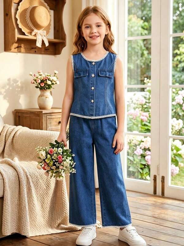 2pcs/Set Girls' Ruffled Vintage Sleeveless Denim Vest & High Waist Wide Leg Pants Outfit, Outdoor Street Style Summer New Arrival